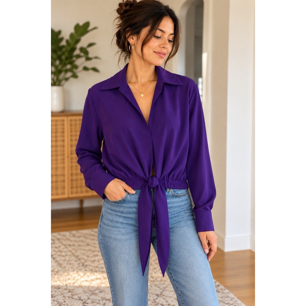 Le Superbe Satin Tie Front Blouse Purple XS NWT $345 Western Witchy 70s